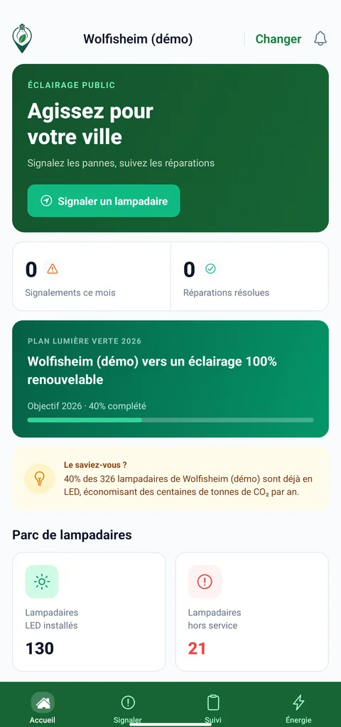 Application citoyenne Eco-Signal : accueil, plan lumière verte et état du parc de la commune