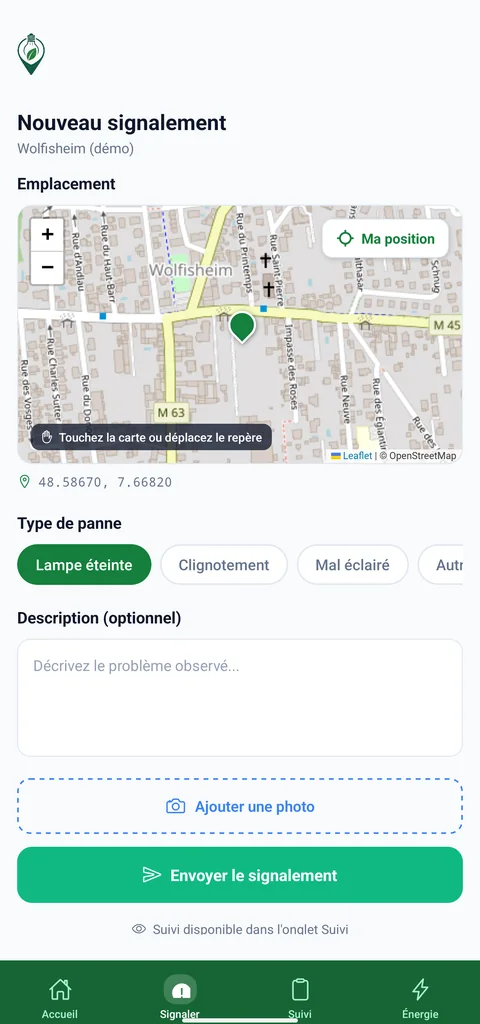 Application citoyenne Eco-Signal : nouveau signalement — carte, type de panne, description et photo