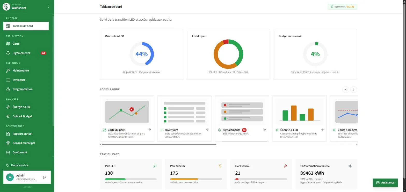 Tableau de bord Eco-Signal : carte du parc, état des points lumineux et accès aux modules