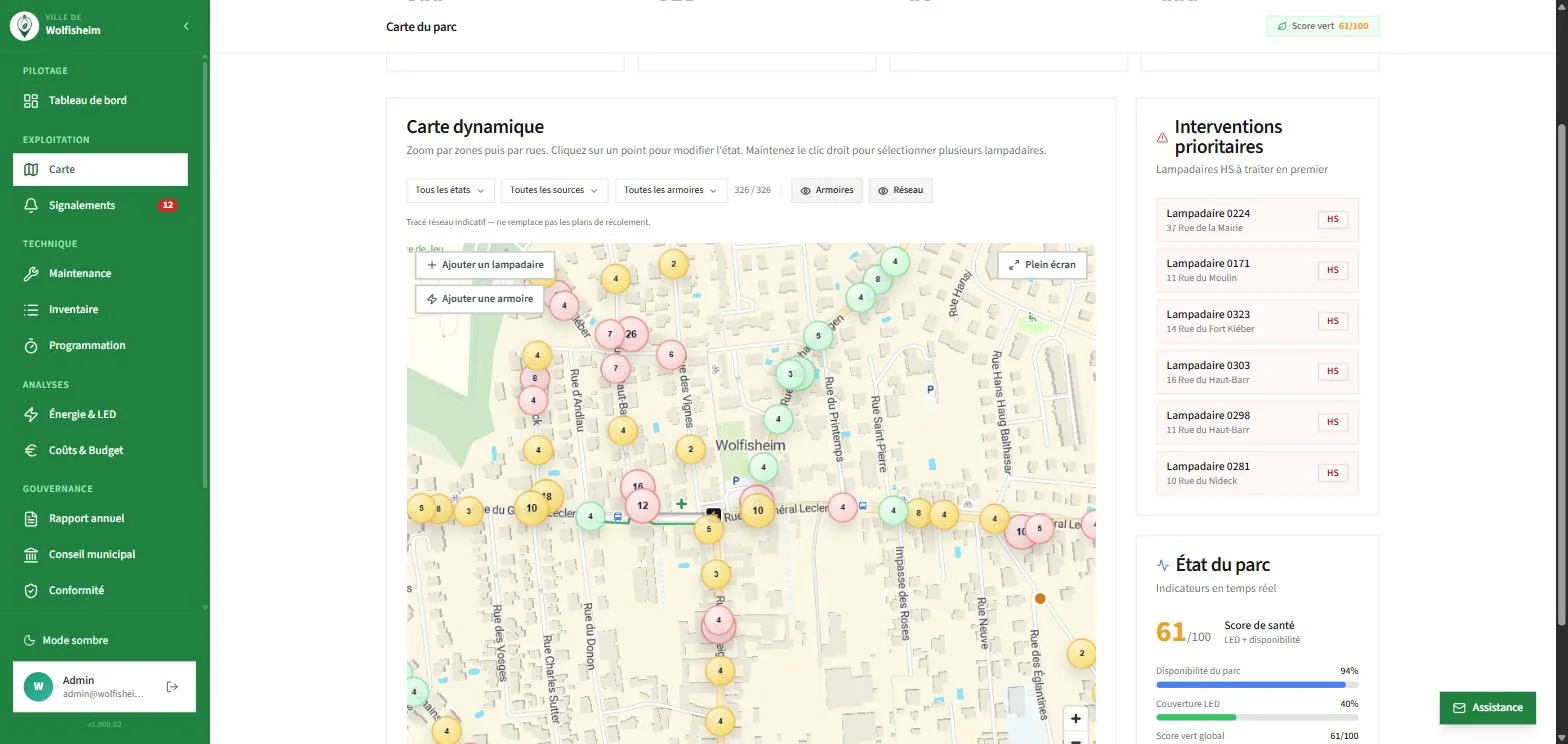 Module Carte d'Eco-Signal : lampadaires géolocalisés, compteurs et interventions prioritaires