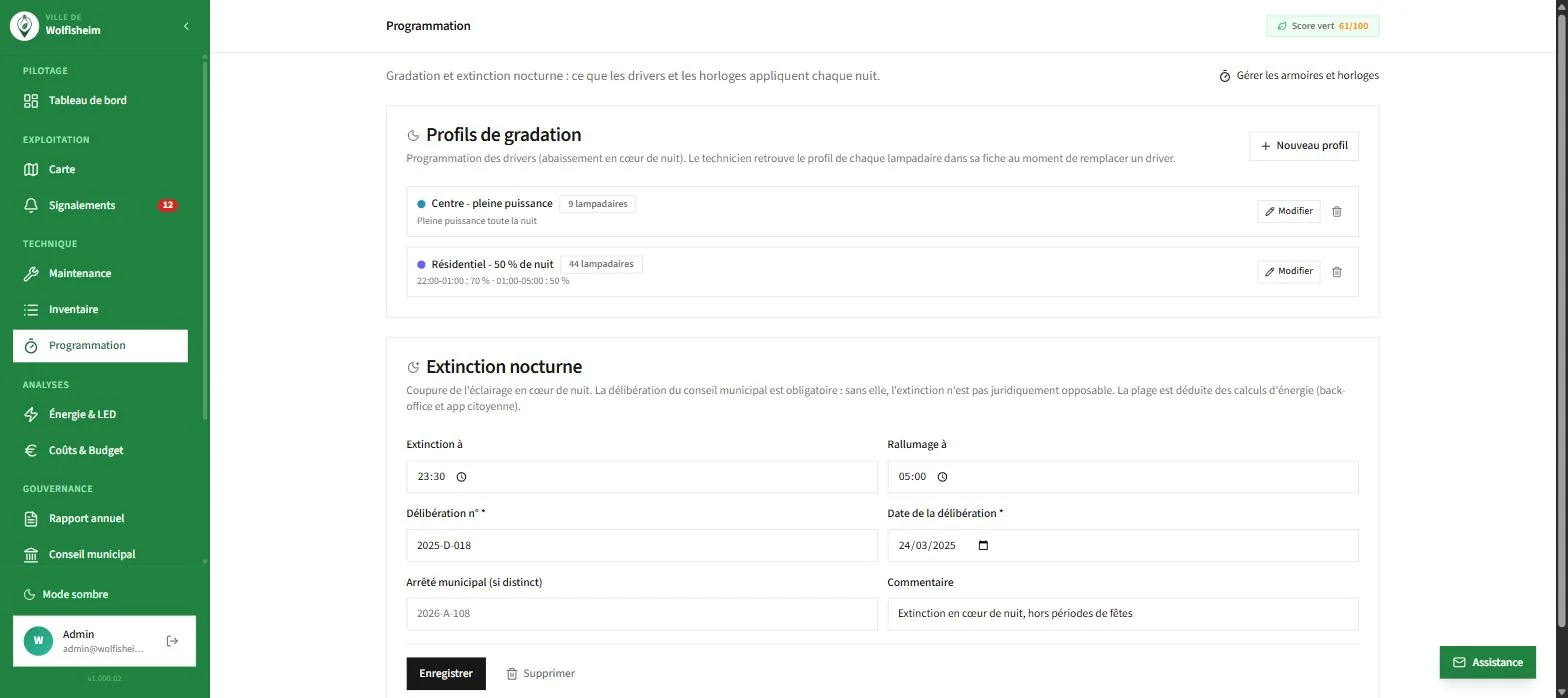 Module Programmation d'Eco-Signal : profils de gradation et extinction nocturne avec la délibération