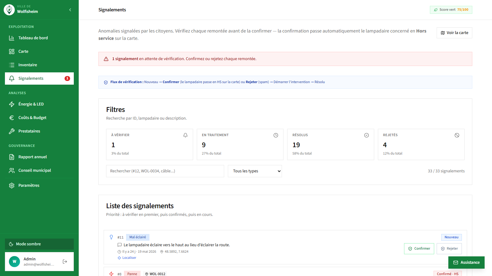 Module Signalements d'Eco-Signal : remontées citoyennes à vérifier, filtres et flux de traitement